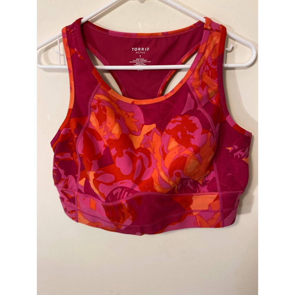 Torrid Active Sports Bra Size 1 Pink Orange Floral Racerback - Picture 2 of 10